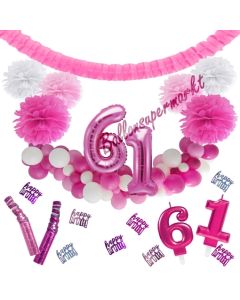 Do it Yourself Dekorations-Set mit Ballongirlande zum 61. Geburtstag, Happy Birthday Pink & White, 91 Teile