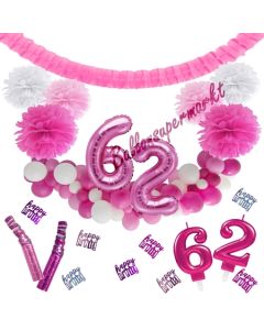 Do it Yourself Dekorations-Set mit Ballongirlande zum 62. Geburtstag, Happy Birthday Pink & White, 91 Teile