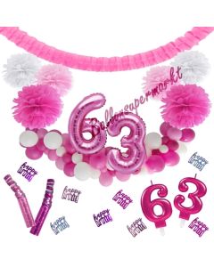Do it Yourself Dekorations-Set mit Ballongirlande zum 63. Geburtstag, Happy Birthday Pink & White, 91 Teile