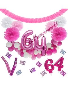 Do it Yourself Dekorations-Set mit Ballongirlande zum 64. Geburtstag, Happy Birthday Pink & White, 91 Teile