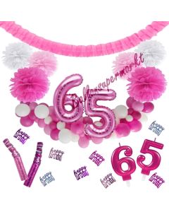 Do it Yourself Dekorations-Set mit Ballongirlande zum 65. Geburtstag, Happy Birthday Pink & White, 91 Teile