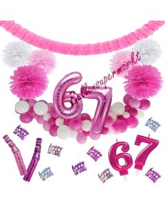 Do it Yourself Dekorations-Set mit Ballongirlande zum 67. Geburtstag, Happy Birthday Pink & White, 91 Teile