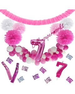 Do it Yourself Dekorations-Set mit Ballongirlande zum 7. Geburtstag, Happy Birthday Pink & White, 89 Teile