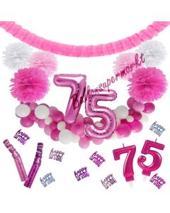 Do it Yourself Dekorations-Set mit Ballongirlande zum 75. Geburtstag, Happy Birthday Pink & White, 91 Teile