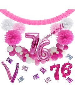 Do it Yourself Dekorations-Set mit Ballongirlande zum 76. Geburtstag, Happy Birthday Pink & White, 91 Teile