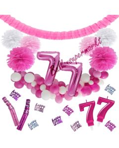 Do it Yourself Dekorations-Set mit Ballongirlande zum 77. Geburtstag, Happy Birthday Pink & White, 91 Teile