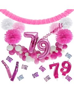 Do it Yourself Dekorations-Set mit Ballongirlande zum 79. Geburtstag, Happy Birthday Pink & White, 91 Teile