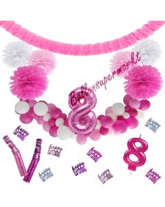 Do it Yourself Dekorations-Set mit Ballongirlande zum 8. Geburtstag, Happy Birthday Pink & White, 89 Teile