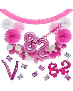 Do it Yourself Dekorations-Set mit Ballongirlande zum 82. Geburtstag, Happy Birthday Pink & White, 91 Teile
