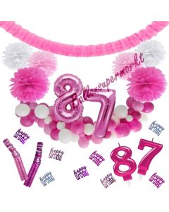 Do it Yourself Dekorations-Set mit Ballongirlande zum 87. Geburtstag, Happy Birthday Pink & White, 91 Teile