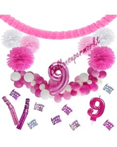 Do it Yourself Dekorations-Set mit Ballongirlande zum 9. Geburtstag, Happy Birthday Pink & White, 89 Teile