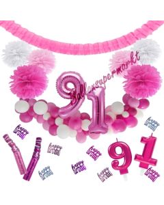 Do it Yourself Dekorations-Set mit Ballongirlande zum 91. Geburtstag, Happy Birthday Pink & White, 91 Teile