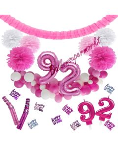 Do it Yourself Dekorations-Set mit Ballongirlande zum 92. Geburtstag, Happy Birthday Pink & White, 91 Teile