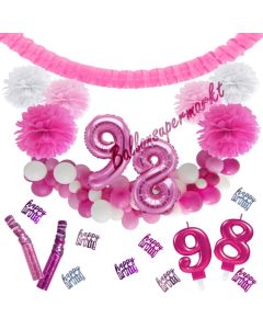 Do it Yourself Dekorations-Set mit Ballongirlande zum 98. Geburtstag, Happy Birthday Pink & White, 91 Teile