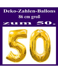 Deko-Zahlen Luftballons mit Ballongas-Helium, Zahl fünfzig in großen goldenen Zahlen, 86 cm große Folienballons