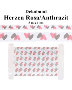 Deko-Zierband Herzen, Anthrazit-Rosa, 5 m