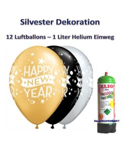 Dekoration Silbester: 12 Luftballons Happy New Year mit 1 Liter Ballongas Einweg