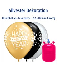 Dekoration Silvester: 30 Luftballons Happy New Year mit 2,2 Liter Ballongas Einweg