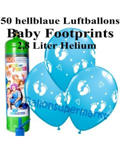 Ballons und Helium Midi Set zu Geburt, Babyparty, Taufe, Junge, Baby Footprints, hellblau mit Einwegbehälter