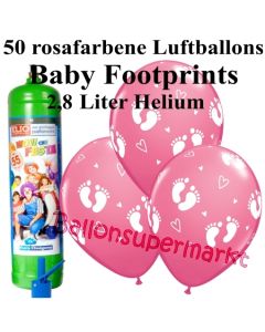 Ballons und Helium Midi Set zu Geburt, Babyparty, Taufe, Junge, Baby Footprints, rosa mit Einwegbehälter