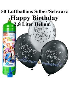 Ballons und Helium Mini Set zum Geburtstag, Happy Birthday silber/schwarz mit Einwegbehälter