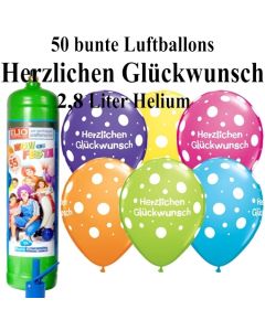 Ballons und Helium Midi Set zum Geburtstag, Herzlichen Glückwunsch, bunt mit Einwegbehälter