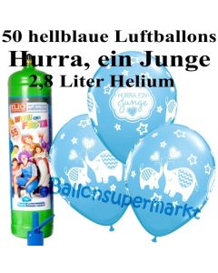 Ballons und Helium Midi Set zu Geburt, Babyparty, Taufe, Hurra, ein Junge mit Einwegbehälter