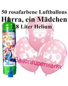 Ballons und Helium Midi Set zu Geburt, Babyparty, Taufe, Hurra, ein Mädchen mit Einwegbehälter