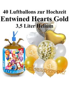 Ballons und Helium Midi Set, Entwined Hearts gold mit Einwegbehälter