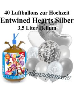 Ballons und Helium Midi Set, Entwined Hearts Silber mit Einwegbehälter