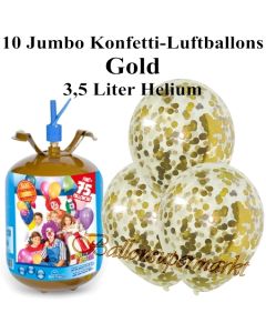 Ballons und Helium Midi Set, Jumbo Konfettiballons, gold mit Einwegbehälter