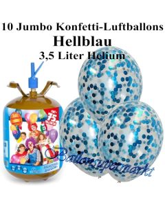 Ballons und Helium Midi Set, Jumbo Konfettiballons, hellblau mit Einwegbehälter