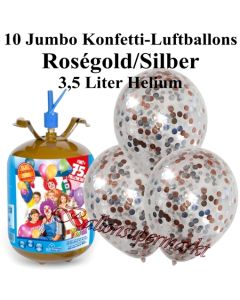 Ballons und Helium Midi Set, Jumbo Konfettiballons, rosegold/silber mit Einwegbehälter