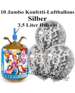 Ballons und Helium Midi Set, Jumbo Konfettiballons, silber mit Einwegbehälter
