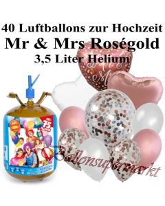 Ballons und Helium Midi Set, Mr & Mrs rosegold mit Einwegbehälter