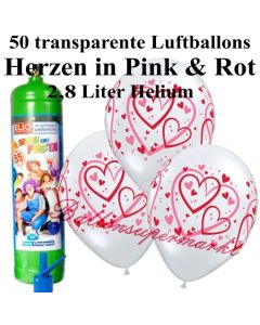 Ballons und Helium Midi Set zur Hochzeit, Heart Pattern transparent mit Einwegbehälter