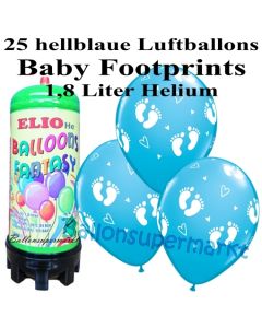 Ballons und Helium Mini Set zu Geburt, Babyparty, Taufe, Junge, Baby Footprints, hellblau mit 1,8 Liter Einwegbehälter