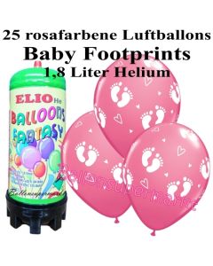 Ballons und Helium Mini Set zu Geburt, Babyparty, Taufe, Junge, Baby Footprints, rosa mit 1,8 Liter Einwegbehälter