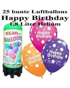 Ballons und Helium Mini Set zum Geburtstag, Happy Birthday bunt gemischt mit 1,8 Liter Einwegbehälter