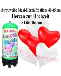 Ballons und Helium Mini Set zur Hochzeit, weiße und rote Maxi-Herzluftballons mit 1,8 Liter Einwegbehälter