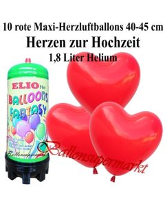 Ballons und Helium Mini Set zur Hochzeit, rote Maxi-Herzluftballons mit 1,8 Liter Einwegbehälter