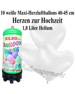 Ballons und Helium Mini Set zur Hochzeit, weiße Maxi-Herzluftballons mit 1,8 Liter Einwegbehälter