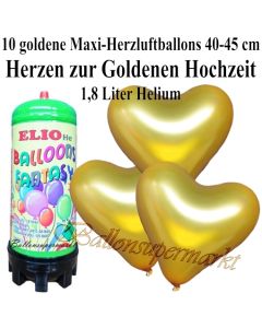 Ballons und Helium Mini Set zur Goldenen Hochzeit, goldene Maxi-Herzluftballons mit 1,8 Liter Einwegbehälter