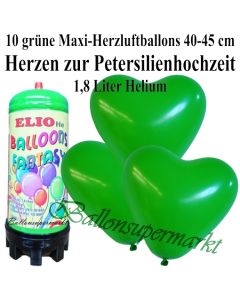 Ballons und Helium Mini Set zur Petersilienhochzeit, grüne Maxi-Herzluftballons mit 1,8 Liter Einwegbehälter