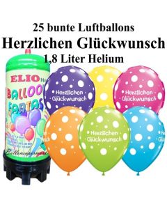 Ballons und Helium Mini Set zum Geburtstag, Herzlichen Glückwunsch, bunt mit 1,8 Liter Einwegbehälter