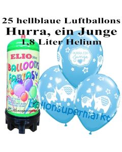 Ballons und Helium Mini Set zu Geburt, Babyparty, Taufe, Hurra, ein Junge mit 1,8 Liter Einwegbehälter