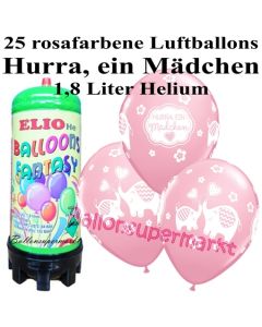 Ballons und Helium Mini Set zu Geburt, Babyparty, Taufe, Hurra, ein Mädchen mit 1,8 Liter Einwegbehälter