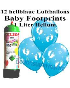 Ballons und Helium Mini Set zu Geburt, Babyparty, Taufe, Junge, Baby Footprints, hellblau mit Einwegbehälter