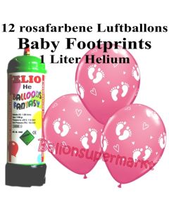 Ballons und Helium Mini Set zu Geburt, Babyparty, Taufe, Junge, Baby Footprints, rosa mit Einwegbehälter