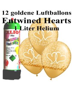 Ballons und Helium Mini Set zur Hochzeit, Entwined Hearts Gold mit Einwegbehälter